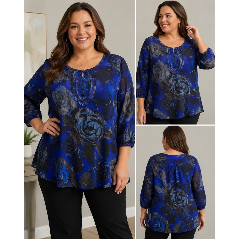 JMS 2X Blue Fairy Abstract Floral Tunic Blouse Sheer Pintuck 3/4 Sleeve Feminine